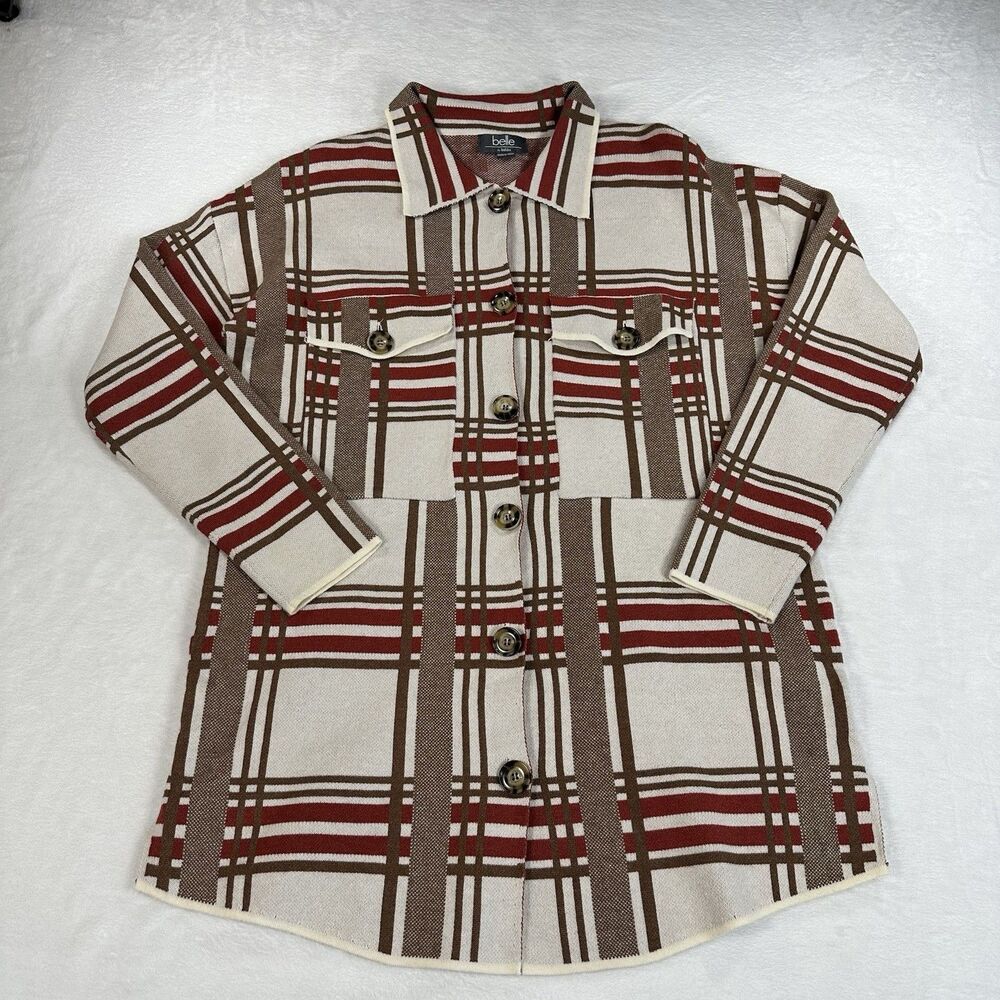 Belle by Belldini Plaid Sweater Blazer Womens L Knit Jacket Button Front Fal